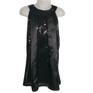 Vanity Womens Sequin Top Size Medium Black Embellished Striped Y Neck Sleeveless